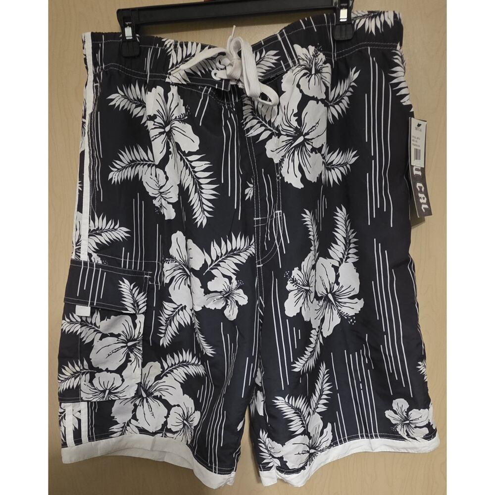 Tru Cal Board Shorts Mens 2X Floral Swim Trunks Surf Beach Swimwear NWT Black
